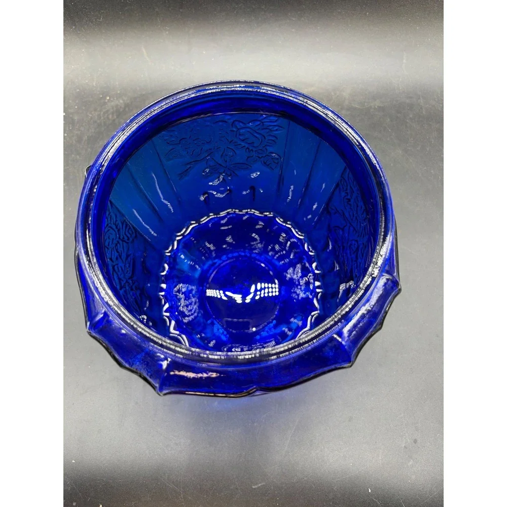 Vintage Cobalt Blue Glass Canister Floral Rose Embossed Lidded Jar 6